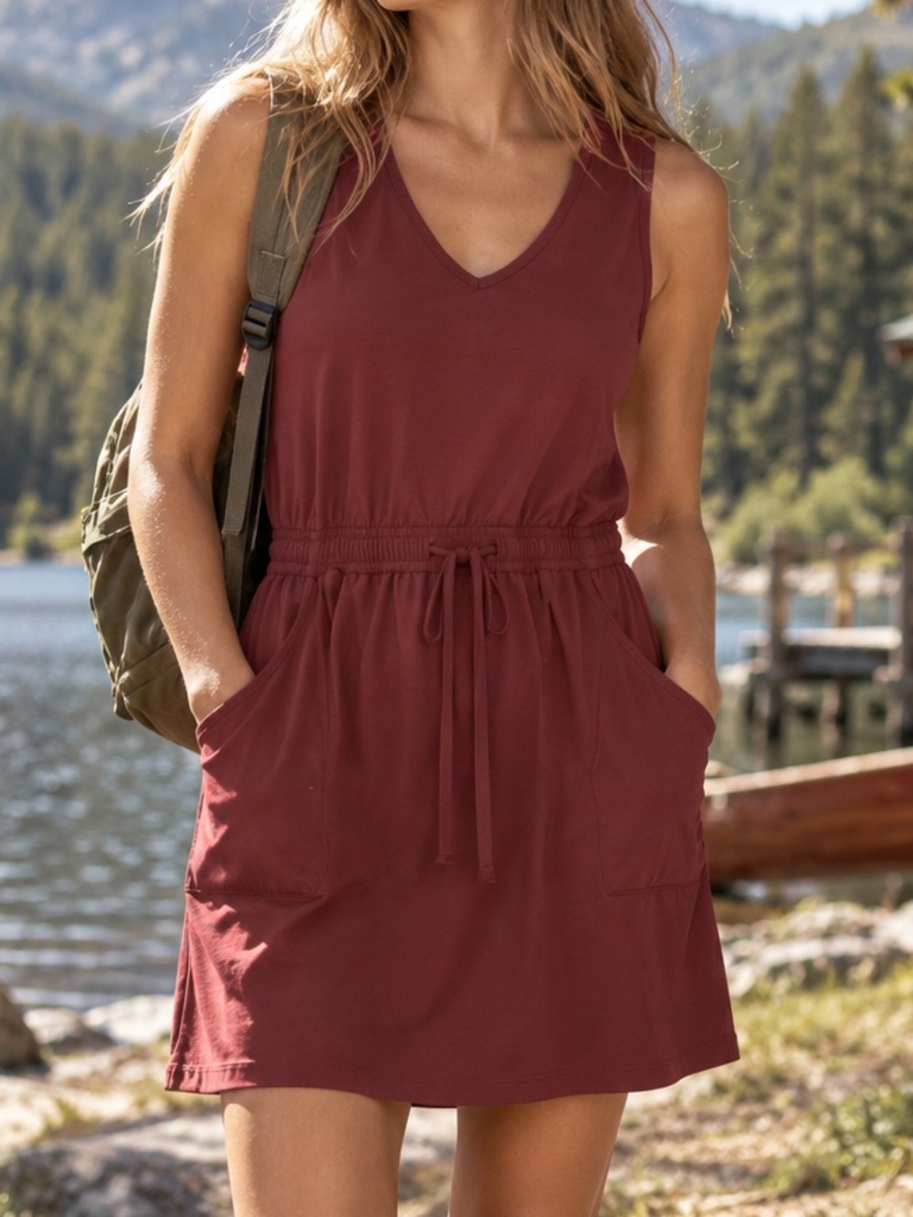 Kuhl Vantagr Sleeveless V-Neck Drawstring Mini Dress Maroon Gorpcore Outdoor